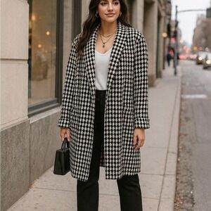 Vtg Michelle Stuart Black White Houndstooth Wool Midi Coat Quiet Luxury Career M